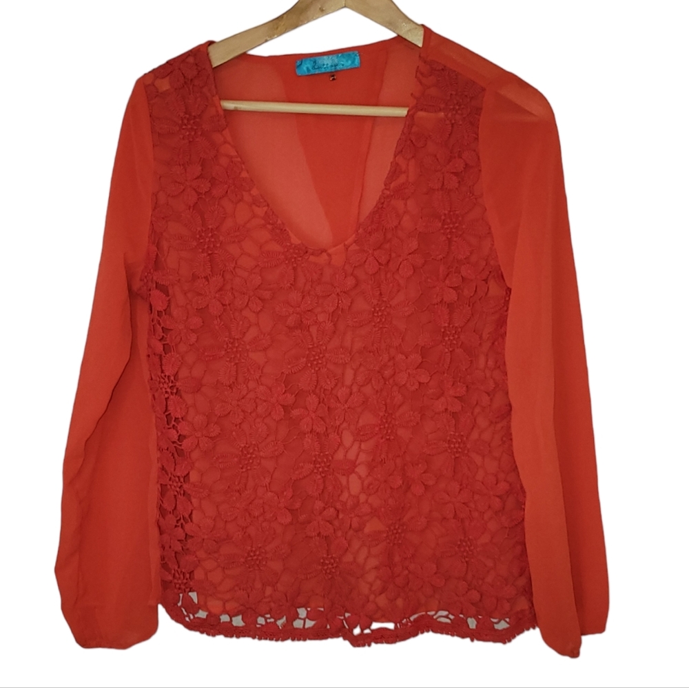 Women's Buttons Burnt Orange Crochet Knit Blouse Size Small